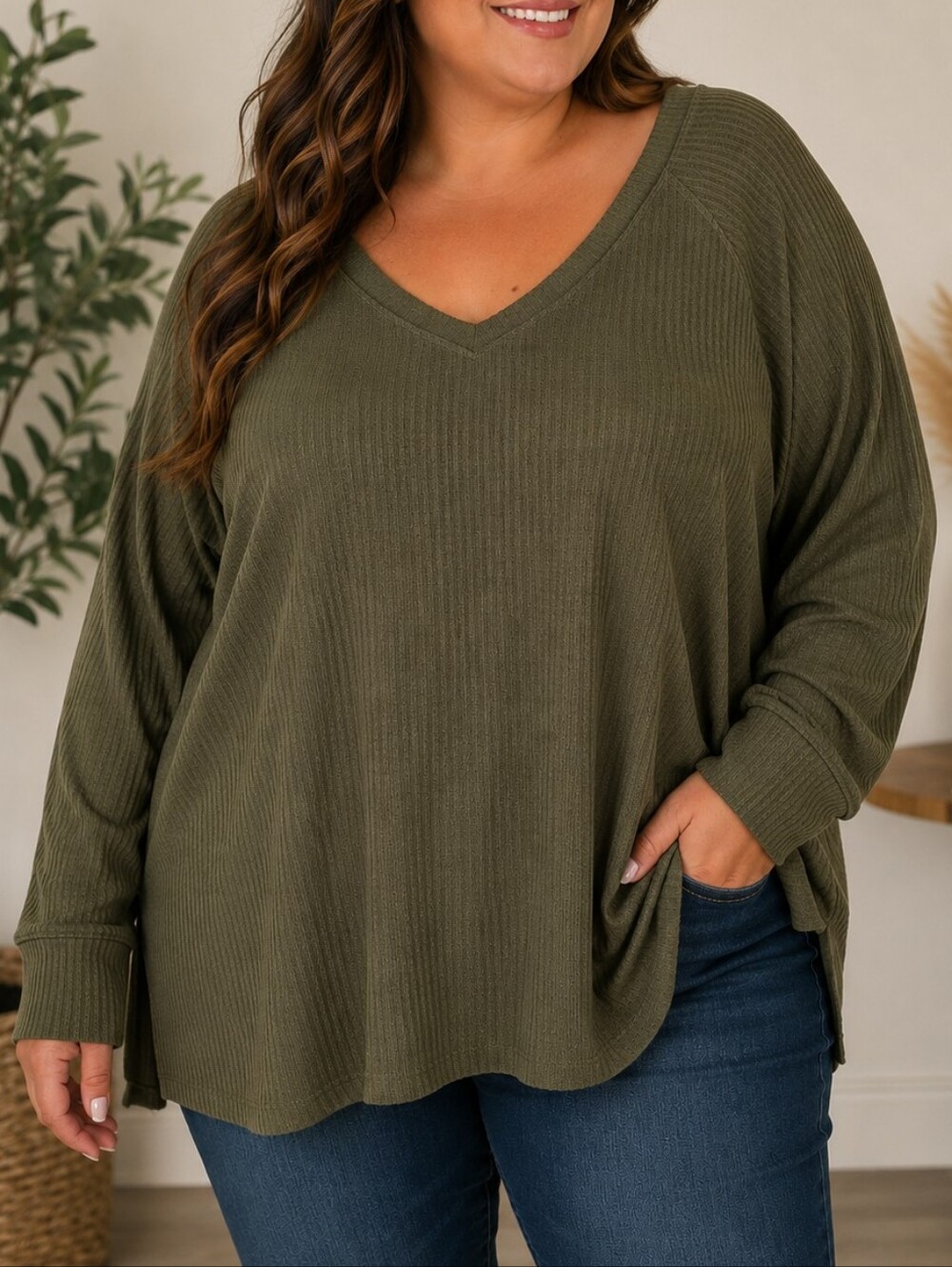 Plus Size Olive V-Neck Waffle Knit Top